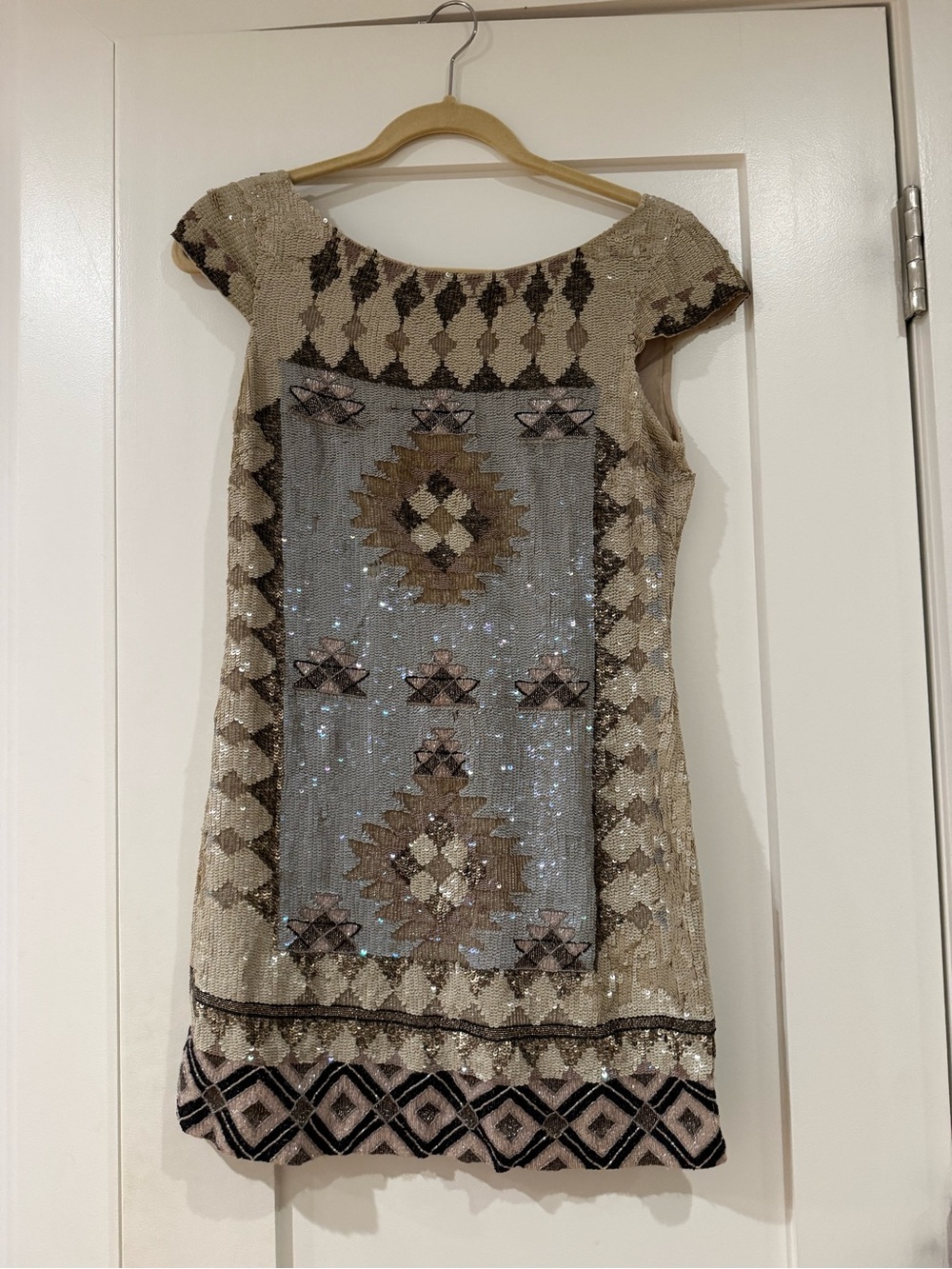 AllSaints Taupe, Gray and Black Beaded Mini Dress